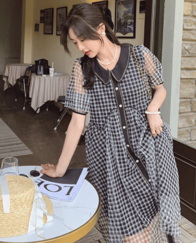 小香风黑色格子连衣裙女夏新款法式小众高级感森系裙子